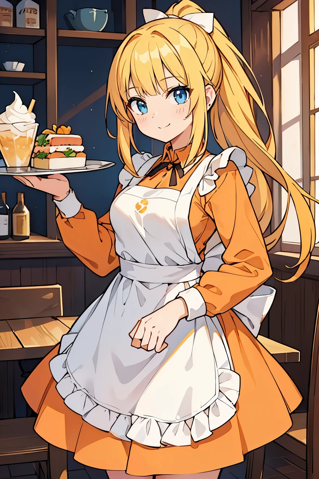 fairy_tail_style, solo, 1 girl, (young female body:1.4), (medium small breasts), golden yellow hair, extra long hair, blunt bangs, crystal blue eyes, very detailed eyes, cowboy shot, detailed eyes, waitress at a restaurant, food tray, white apron, big bow, poofy orange dress under apron, sunny orange dress with a white apron, ponytail, sunny orange under dress, orange long sleeve dress, white short apron,