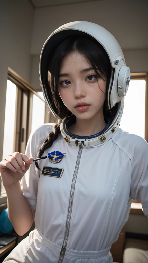 Working in space、１０Teenage Girls、Woman in costume with space suit helmet, Highly detailed digital art in 4K, Amazing digital art with great detail, Science Fiction Digital Art, Portrait of an astronaut girl,  From the 2019 SF8K film、A bunch of small worm-like tentacles protrude from the gaps in his clothes.、There are lots of little worm-like tentacles inside the clothes.、Dirty Costumes、Sexy pose