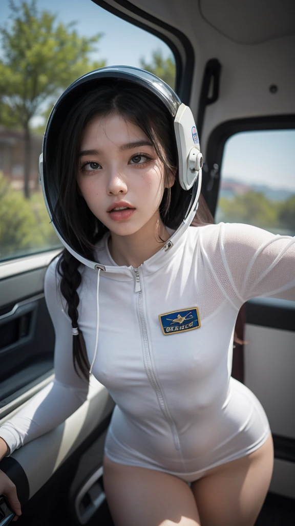 Working in space、10Teenage Girls、Woman in costume with space suit helmet, Highly detailed digital art in 4K, Amazing digital art with great detail, Science Fiction Digital Art, Portrait of an astronaut girl, From the 2019 SF8K film、A bunch of small worm-like tentacles protrude from the gaps in his clothes.、There are lots of little worm-like tentacles inside the clothes.、Dirty Costumes、Sexy pose