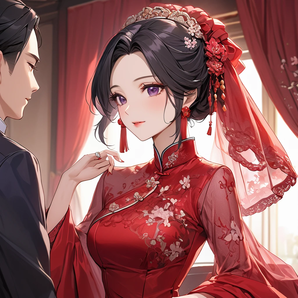 ((Highest quality)), ((masterpiece)), (detailed), (Perfect Face)、The woman is a Chinese woman named Kocho Shinobu.。, Purple gradient bob black hair and formal evening hairstyles. She is wearing an engagement ring. She is a prominent member of the Chinese Communist Party.、She is the honored wife of a great old Communist Party cadre.、The woman is beautifully dressed in a gorgeous red wedding dress and red wedding veil, typical of the Chinese Communist Party.、An elegant Chinese lady in a posh room、A woman is a good wife and mother who loves her husband and devotes herself to him.