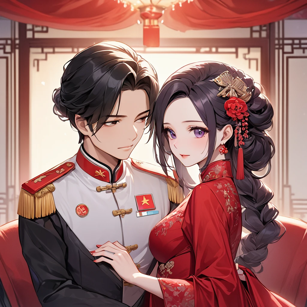 ((Highest quality)), ((masterpiece)), (detailed), （Perfect Face）、The woman is a Chinese woman named Kocho Shinobu.。, Purple gradient bob black hair and formal evening hairstyles. She is wearing an engagement ring. She is a prominent member of the Chinese Communist Party.、She is the honored wife of a great old Communist Party cadre.、The woman is beautifully dressed in a gorgeous red wedding dress and red wedding veil, typical of the Chinese Communist Party.、An elegant Chinese lady in a posh room、A woman is a good wife and mother who loves her husband and devotes herself to him.