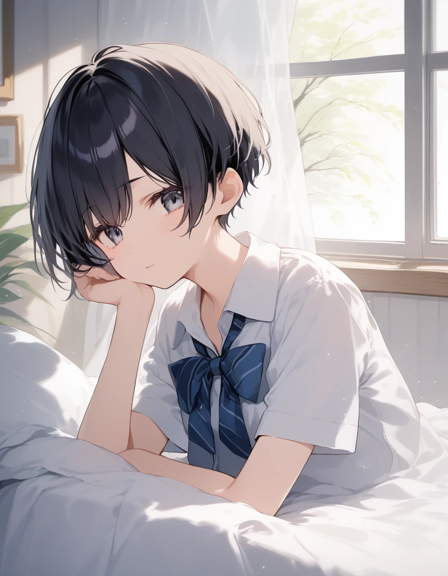 score_9, score_8_up, score_7_up, source_anime, best quality, masterpiece, official art, absurdres, highres, ultra-detailed,waifu2x,JAV Cover,break,1girl, tomboy, idol girl, school uniform, very short hair, pixie cut, small breasts, slender, beautiful detailed eyes, expressionless, sleepily, sexual appeal, bed, indoors, break,(clear line illustration:1.2), super detailed skin,very high resolution, very aesthetic, Best sexual lighting powered by famous artist,4k, 8k, UHD, cute picture, beauty illustration,photoshop_(medium),,(Detailed Lighting),best anime 8k konachan wallpaper, pixiv contest winner,