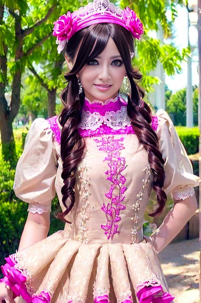 sexy stylish Spanish model, only 1 female, ((doll-like appearance)), long neon pink stylish hair, ((ultra detailed Victorian-Style boots)), beautiful smile, ultra detailed eyes, vivid eye makeup, lipgloss, long lashes, defined eyebrows, ((sexy Paradise Kiss cosplay)), bell-shaped skirt, petticoats, high neckline, puffed sleeves, (( ultra detailed lace)), ((ultra detailed embroidery)), intricate details, Paradise Kiss accessoires and matching headpiece, choker, ((large sparkling Paradise Kiss jewelry)), cinematic light, detailed large park background with trees 、大きなイヤリング、リボン付きツインテール、((ニップレス))、(パンチラ)