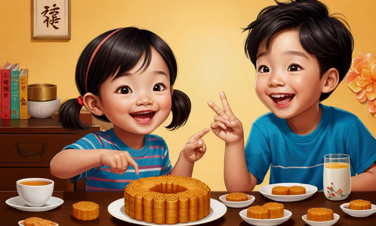 Masterpiece, top quality, flawless work of art, 8K resolution, exquisite details, ultra-details, 8k UHD, exquisite details, ultra-details, 8k UHD, (detailed face and eyes), detailed finger details, for the whole family People eat mooncakes together, parents and 2 children (an *************** and a 6-year-old boy) laugh together, colorful children's book illustrations, simple and clean graphics, comics, cartoons, hand-drawn