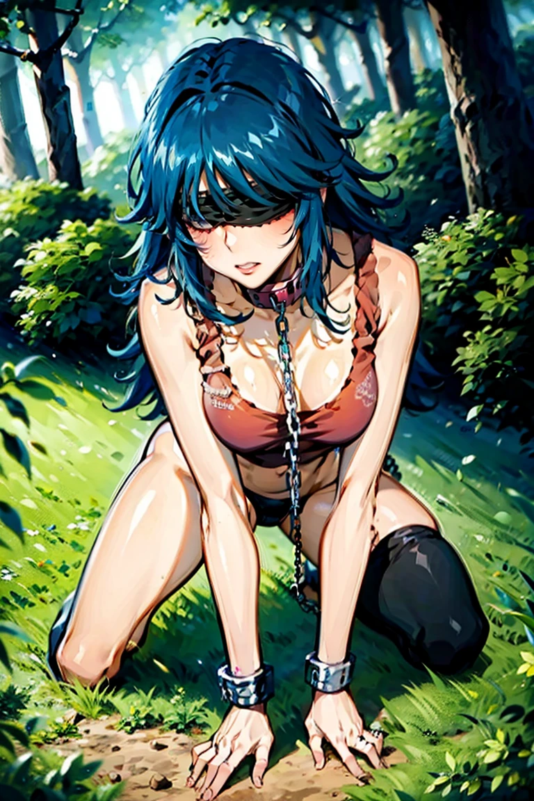 (((blindfold))), blue hair, long hair, messy hair, (((red tank top))), navel, bare shoulder, hair between eyes, straight hair, gleaming kin, oil skin, shiny skin, sweat, wet skin, large breasts, cleavage, (((hands on the ground, on all fours))), (((chain leash, viewer holding chain leash, animal collar, animal collar connected chain leash, pet play, collar, long chain leash))),