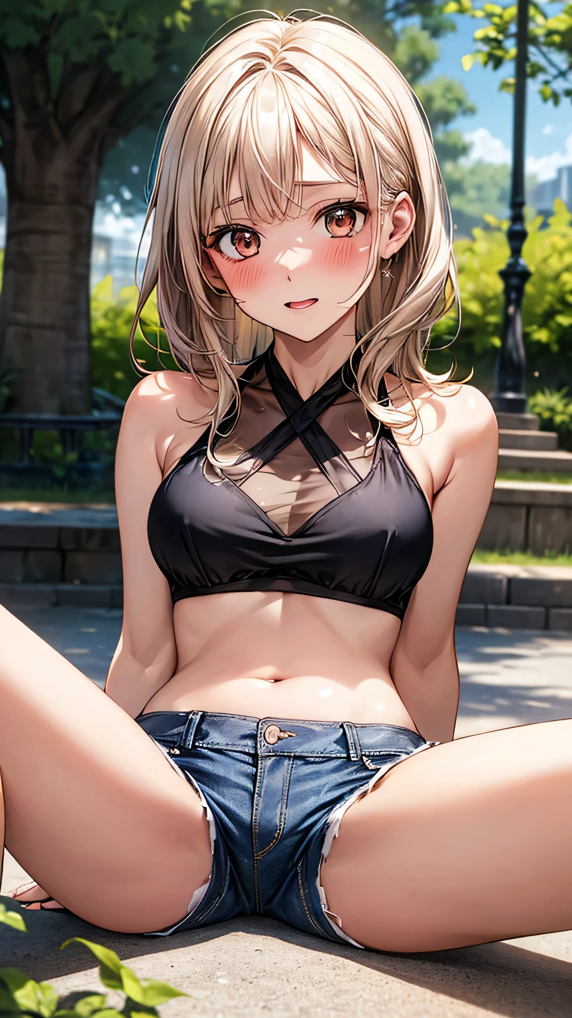 ((Highest quality, High resolution, masterpiece, detailed)),
Written boundary depth, View your audience, Anatomically correct, woman, Perfect Face, Cute and symmetrical face, Shiny skin,
(Medium Hair, Platinum Blonde Hair), Chestnut brown eyes, (Large Breasts:0.8),
The finest details, Beautiful Hair, Beautiful Face, Beautiful body, Beautiful breasts, Beautiful belly button, Waistline, Beautiful thighs, Beautiful feet,
(See-through halter top, Denim shorts, Black panties), (The string of the panties is visible),
(Beautiful views), summer, Tree-lined street, sit, (Spread your legs:1.5), (Embarrassed, blush, Open your mouth),