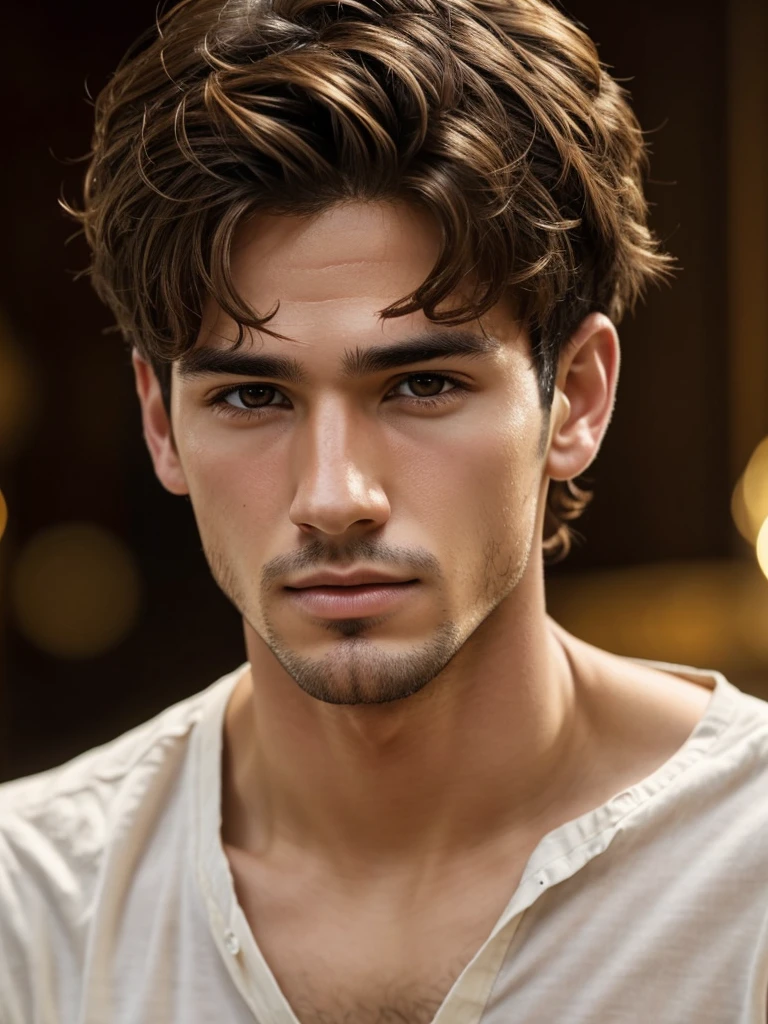 realistic boy, moreno, with short brown and disheveled hair, eyes the color of honey, straight and wide nose, defined lips