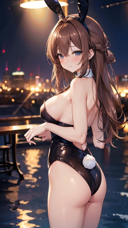 (8k、Best image quality、Highest quality、masterpiece)、Detailed face、One mature woman、((Brown Hair))、Single Blade、smile、blush、vapor、((close your eyes))、((Very large breasts))、((Black Playboy Bunny))、Shiny、Cowboy Shot、Night city background