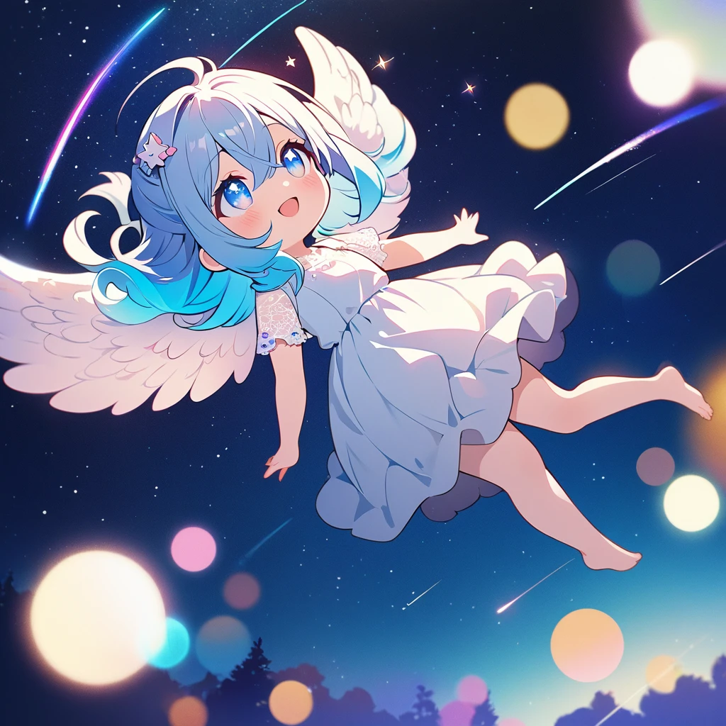 Masterpiece, top quality, 4k, ((2D illustration)), one beautiful girl, solo, ((vivid colors)), (((chibi style))), ((angel)), ((angel wings on her back)), ((long beautiful hair)), glossy light blue hair, gradient hair color, cute, beautiful detailed eyes, hair between eyes, ((hair ornament)), ((lacy short sleeve white dress)), barefoot, ((full body shot)), ((joyful smile)), ((looking up at the night sky)), ((floating in the sky)), cool colors, ((shooting stars)), ((night)), (((lens flare))), white light, ((starry sky)), sparkle