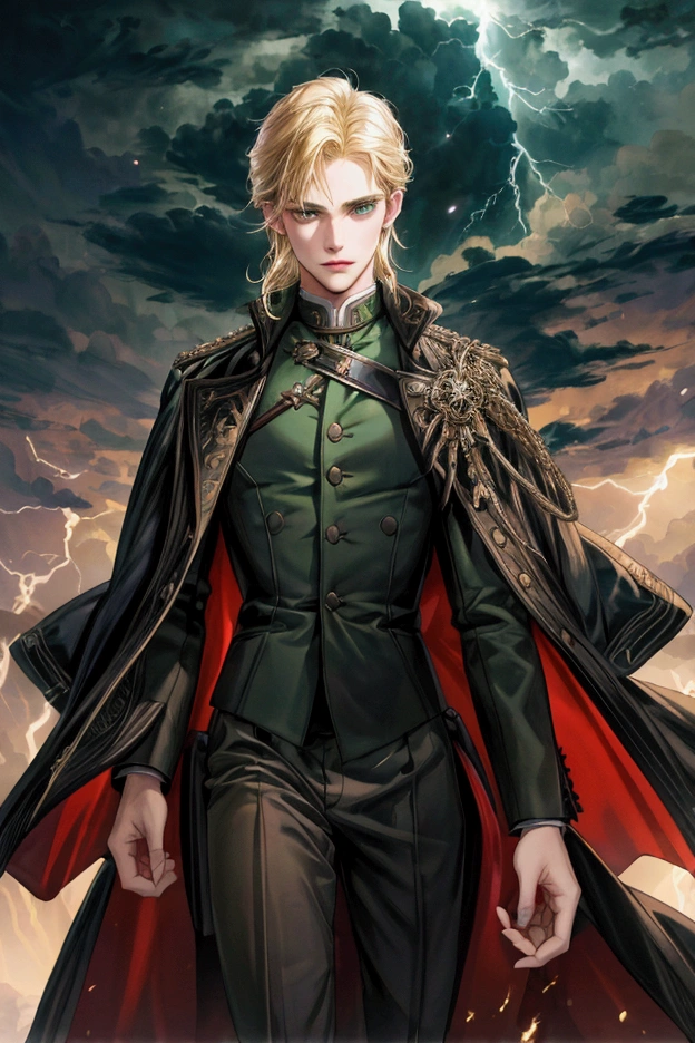(nonsense, high resolution), 16ก, (Panorama), 18 years old, 1 person, serious, dark green eyes, open hand, Short right swept dandy blonde hair, blonde hair, black coat, white underwear, Extreme details, lightning, magic, magic Array, Exaggerated light, shine, magic, floating, twilight, handsome
