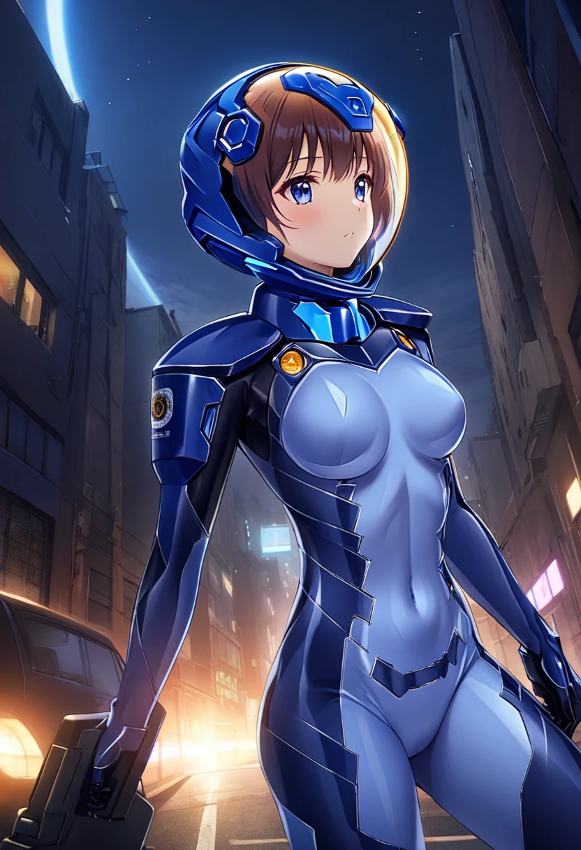 short hair, street, emo, BLACK hair, white eyes, eyeliner, apocalypse, (astronaut, girl, road, city, fortified suit, ((blue:1.5) plugsuit), short hair, outdoors, cinematic light, medium breasts, covered navel, space helmet, muvluv, space helm, eva helmet,[legs bent,, upper body,from the front, visor helmet