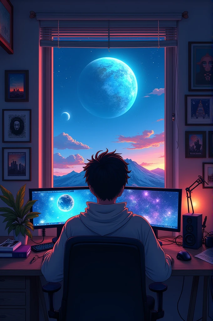 Back view of cool young man listening to music on computer in room full of gadgets, Pol Makoto Shinkai e Ghibli Studio, Dramatic lighting, God's Perspective, Great quality, Dark Skin, Cone Fade、Space landscape with earth on top、creative、neon、Near future, sound waves in the sky