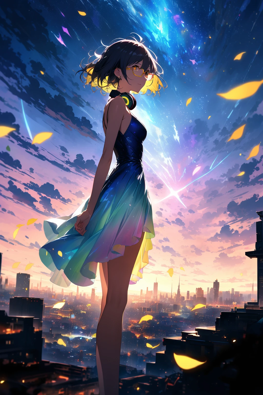 up-and-coming works of art, best quality, super fine, 16k, incredibly absurdres, extremely detailed, beautiful ephemeral girl stands in the city, (((semi-rimless yellow eyewear:1.3))), (headphone around neck:1.2), bedroom eyes, sparkling short hair, messy hair, bare arms, bare legs, sparkling dress, sparkling earrings, wind, wind-effect, moonlit night view, (magnificent view:1.2), falling iridescent petals