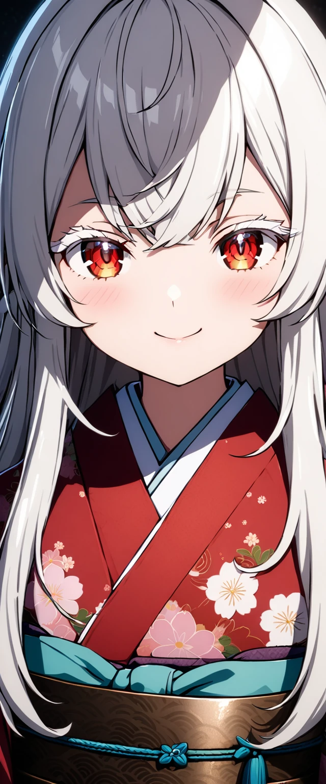 Highest quality,masterpiece,unity 8k wallpaper,Very detailed,Detailed light, Best Shadow,Very detailedな肌,Beautiful attention to detail,Very detailedな顔,Detailed reflective eyes,Shiny Hair,Shining Eyes,(One girl:1.4),Gloss,smile,kimono,(赤いkimono:1.2),Red eyes,Silver Hair,(white eyelashes:1.2),white eyebrows,clothes,can,ahoge,7 years old girl,