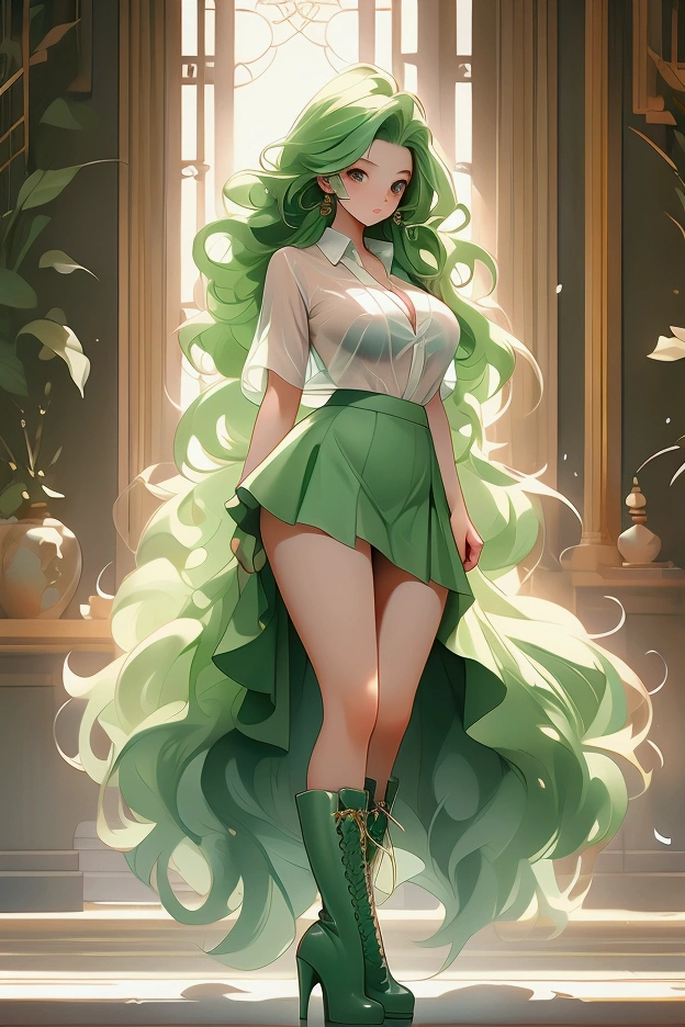 Best quality, ultra HD. Beautiful woman with long green hair, wearing a transparent shirt, showing her big breasts, nipples hard with desire, wearing a mini skirt, no panties, pussy showing, thick legs, big ass, wearing high boots. Full body, beautiful and perfect body.