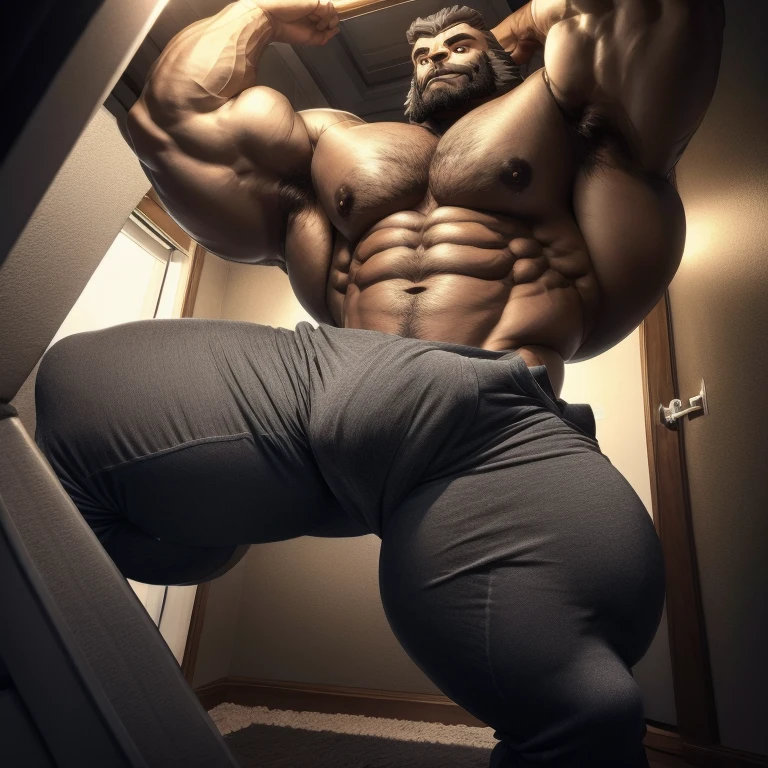 hyper growth, vlp, hyper muscles, furry growth, a very handsome young man, big eyes, muscular, shirtless, wearing long gray pants