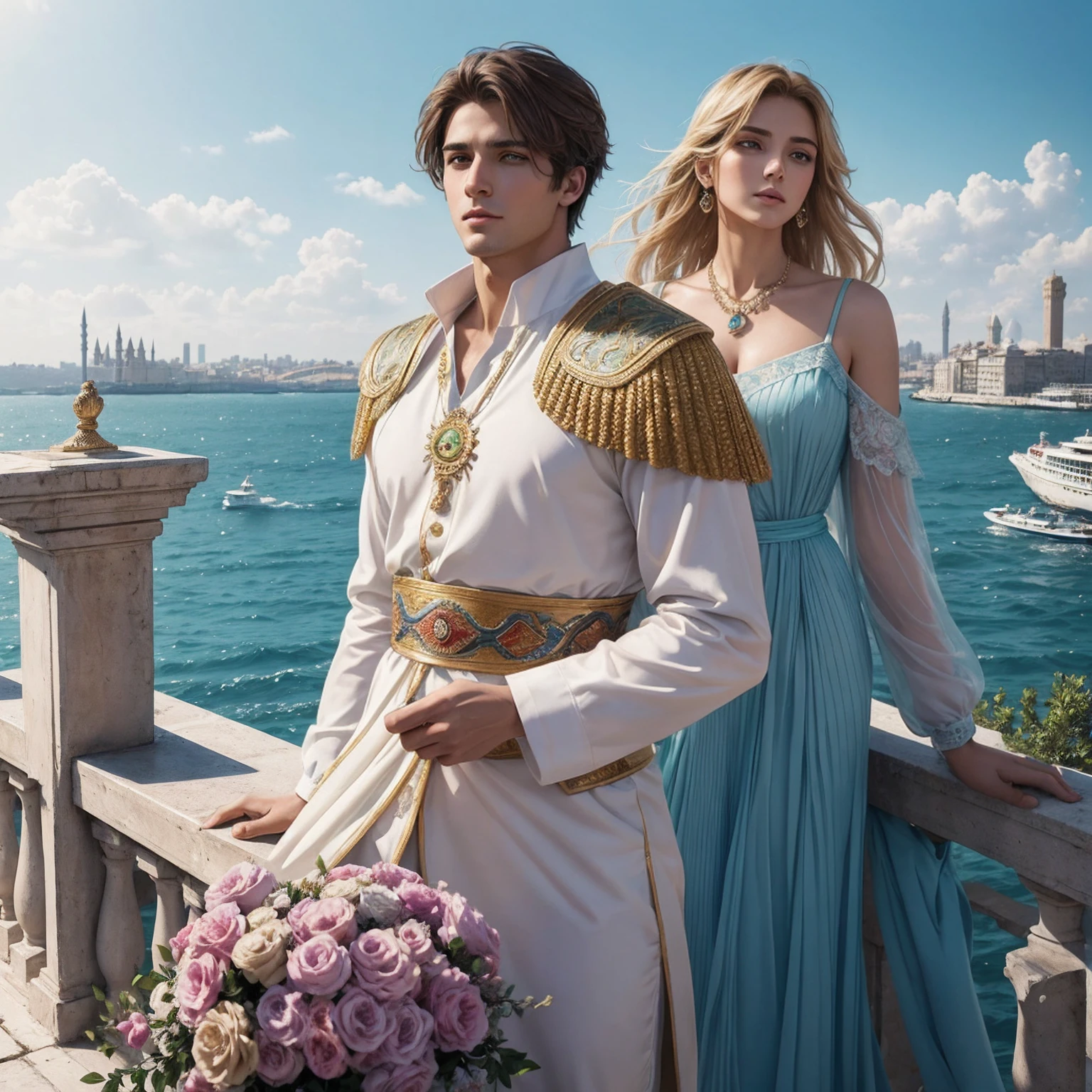 (masterpiece, Highest quality, Highest quality, Official Art, beautifully、aesthetic:1.2), (One man:1.3), Very detailed,colorful,The most detailed The resurrected figure of Roman Emperor Constantine I "The Great". modern. A man in his 20s. A hard-working and talented businessman. Soft hair. Warm colored hair. A lively look. A gentle smile. He is warm-hearted but resolute. Eyes like the eyes of a lion. Bright and sharp eyes. broad shoulders. thick neck Stylish appearance. I'm wearing resort wear. he is looking up at the blue sky. Background of Istanbul, Turkey. Early summer before vacation. water. green. A refreshing breeze is blowing. Delicate and elegant. Elegant and luxurious. Detailed and exquisite. concept art. Super high quality. Super high quality. A super masterpiece. Super beautiful.
