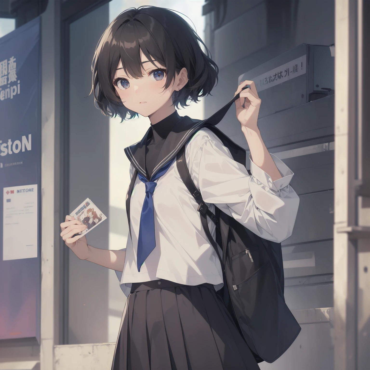 ultra-absurdres-Top quality by artist God, ultra-detailed, high resolution, anime moe artstyle, best anime 8k konachan wallpaper, pixiv contest winner, pool:2810, perfect anatomy,break, 1girl, (Please draw a girl walking sleepily to school alone. )break,(Solo,little female, 13-year-old:1.3),Full limbs, complete fingers,a junior high school student, (very short hair), short cut, flat chest, , small butt, small black eyes, beautiful detailed eyes, well-proportioned iris and pupils, expressive eyes, highres detailed hair, soft expression, salor school_uniform, sailor collar, serahuku, bow, pleated skirt,(Detailed Lighting), (Detailed background), in the School commute route. break,super detailed skin, Best cinematic lighting powered by famous artist, 8k,beauty illustration,photoshop_(medium),very aesthetic,break,((artist:yd_(orange_maru) )), artist:clamp ,artist:carnelian ,artist:kantoku ,
