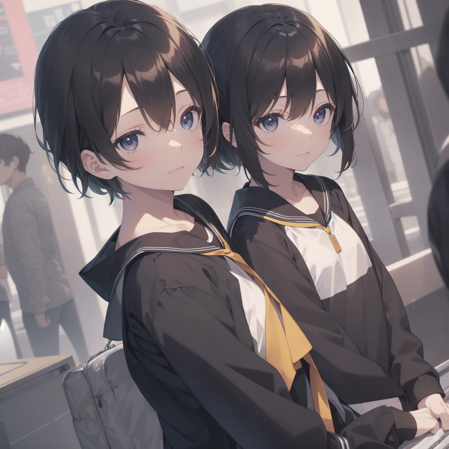 ultra-absurdres-Top quality by artist God, ultra-detailed, high resolution, anime moe artstyle, best anime 8k konachan wallpaper, pixiv contest winner, pool:2810, perfect anatomy,break, 1girl, (Please draw a girl walking sleepily to school alone. )break,(Solo,little female, 13-year-old:1.3),Full limbs, complete fingers,a junior high school student, (very short hair), short cut, flat chest, , small butt, small black eyes, beautiful detailed eyes, well-proportioned iris and pupils, expressive eyes, highres detailed hair, soft expression, salor school_uniform, sailor collar, serahuku, bow, pleated skirt,(Detailed Lighting), (Detailed background), in the School commute route. break,super detailed skin, Best cinematic lighting powered by famous artist, 8k,beauty illustration,photoshop_(medium),very aesthetic,break,((artist:yd_(orange_maru) )), artist:clamp ,artist:carnelian ,artist:kantoku ,