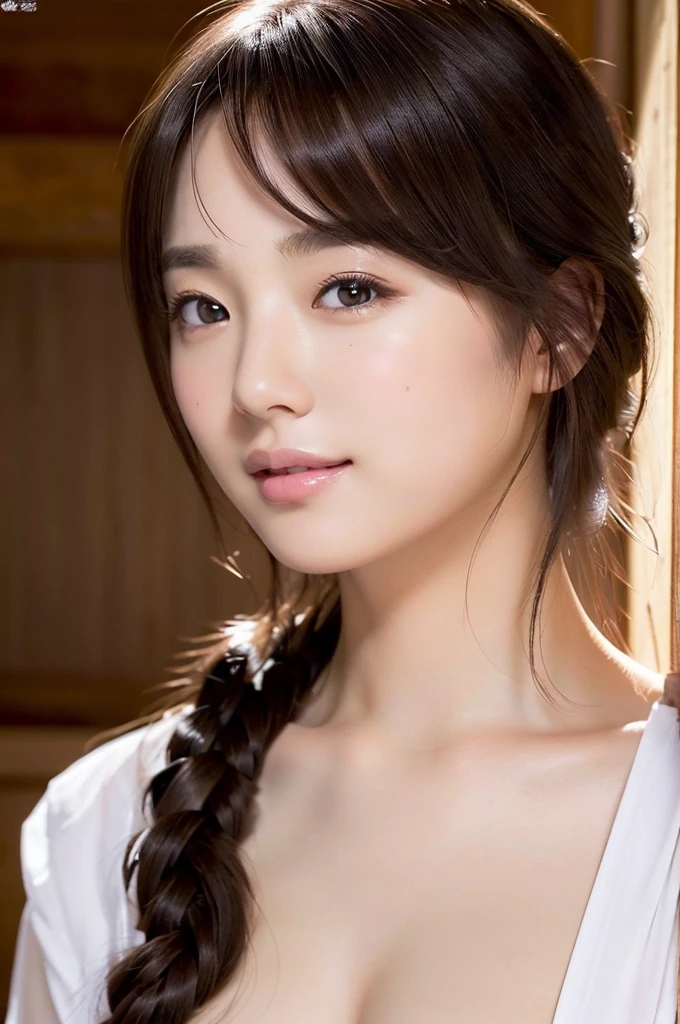highest quality, Soft Light, Ultra-high resolution, (Realistic:1.4), RAW Photos,
1 Japanese girl, alone, cute, (pupil, light in your eyes), Beautiful face in every detail,(High resolution detail of human skin texture),
(Braided、White teeth),
indoor,
Sheer white camisole,Waist up shot