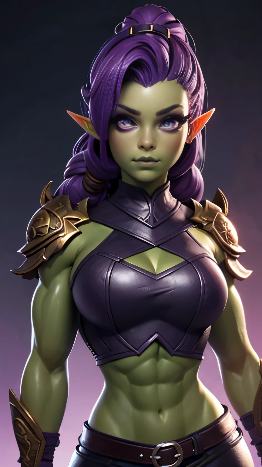 photo of beautiful Orc, RAW, beautiful woman, (portrait), (detailed Kawaii face, purple eyes:1.2),  (detailed green skin, glossy green lips, clear green skin), (Long dark purple braided hair), (perfect proportioned body, Strong, muscular, narrow waist, narrow hips, skinny, large breasts), (she wears cropped leather armor), dark forced background, (realistic photo, best quality, detailed), (8k wallpaper), (cinematic lighting, beautiful light, (day:1.3)) (sharp focus, intricate)