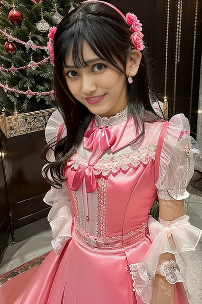 sexy stylish Spanish model, only 1 female, ((doll-like appearance)), long neon pink stylish hair, ((ultra detailed Victorian-Style boots)), beautiful smile, ultra detailed eyes, vivid eye makeup, lipgloss, long lashes, defined eyebrows, ((sexy Paradise Kiss cosplay)), bell-shaped skirt, petticoats, high neckline, puffed sleeves, (( ultra detailed lace)), ((ultra detailed embroidery)), intricate details, Paradise Kiss accessoires and matching headpiece, choker, ((large sparkling Paradise Kiss jewelry)), cinematic light, detailed large park background with trees 、大きなイヤリング、リボン付きツインテール、((ニップレス))、(パンチラ)