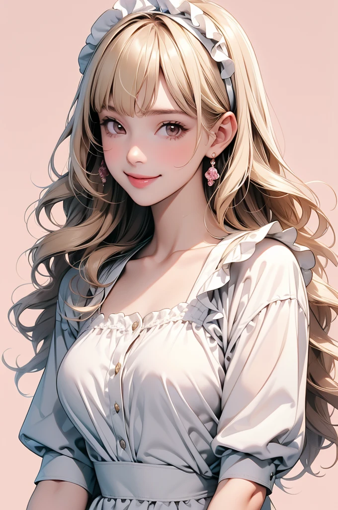 high resolution,smile,happy,light smile,woman,woman1人,adult,Clear,cute,
blunt bangs,Blonde Hair,BREAK, Brown eyes,BREAK,wavy hair,long hair,BREAK, ((looking at viewer)),
Maid clothes,Frill headband,BREAK,Facing forward,BREAK,Pink background,
