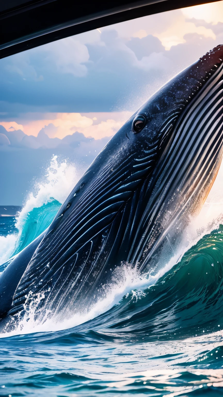 a large fishing boat riding a huge wave, a person on a yacht watching the scene, a whale in the wave, stunning ocean landscape, dramatic lighting, cinematic composition, hyperrealistic, photorealistic, 8k, detailed, masterpiece, dramatic lighting, beautiful detailed eyes, beautiful detailed lips, extremely detailed face and skin, long eyelashes, calm sea, cloudy sky, golden hour lighting, realistic water, realistic boat, realistic yacht, realistic whale, dynamic movement, cinematic perspective
