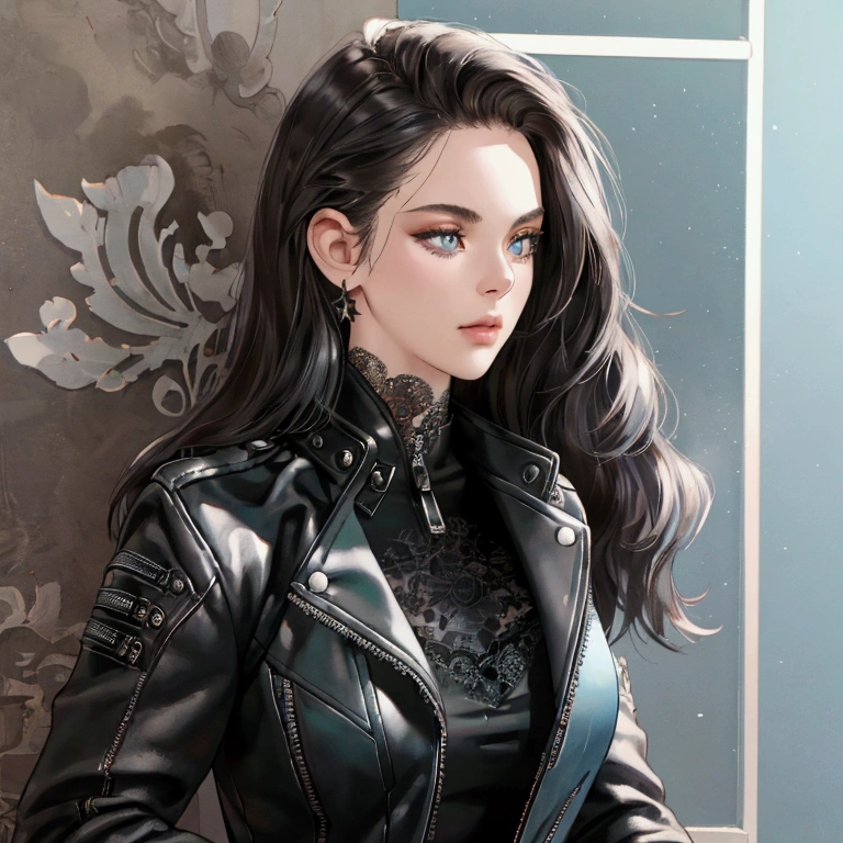 (black biker jacket:1.1), (Masterpiece, best quality, lovely woman, Beautiful face, 8ก, raw photos, realistic, nonsense:1.2), teenager, cowboy shoot, Dutch corner, Headlight, Film texture, Chromatic aberration, height, very detailed, exquisite details, Light blue pleated lace dress, Skin and eye and face details, sharp student, realistic student, Sharp focus, road
