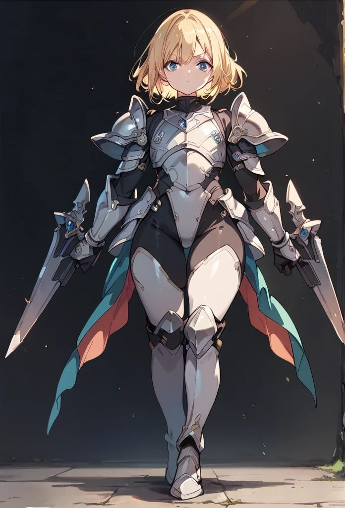 score_9, score_8_up, score_7_up, open stance, Black heavy plate armor, full body, solo, standing, femboy, young, tiny height,short Blonde straight hair, Blue eyes, simple background