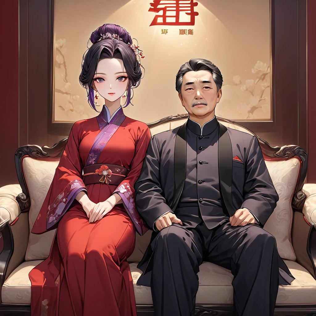 ((Highest quality)), ((masterpiece)), (detailed), (Perfect Face)、The woman is a Chinese woman named Kocho Shinobu.。, Purple gradient bob black hair and formal evening hairstyles. She is wearing an engagement ring. She is a prominent member of the Chinese Communist Party.、She is the honored wife of a great old Communist Party cadre.、The woman is beautifully dressed in the gorgeous and gorgeous red Hanfu that is typical of the Chinese Communist Party.、An elegant Chinese lady in a posh room、A woman is a good wife and mother who loves her husband and devotes herself to him.