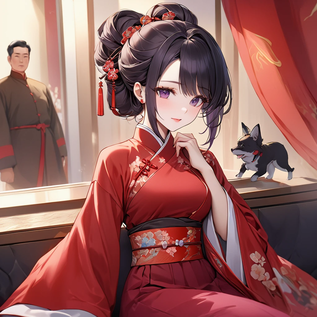 ((Highest quality)), ((masterpiece)), (detailed), (Perfect Face)、The woman is a Chinese woman named Kocho Shinobu.。, Purple gradient bob black hair and formal evening hairstyles. She is wearing an engagement ring. She is a prominent member of the Chinese Communist Party.、She is the honored wife of a great old Communist Party cadre.、The woman is beautifully dressed in the gorgeous and gorgeous red Hanfu that is typical of the Chinese Communist Party.、An elegant Chinese lady in a posh room、A woman is a good wife and mother who loves her husband and devotes herself to him.