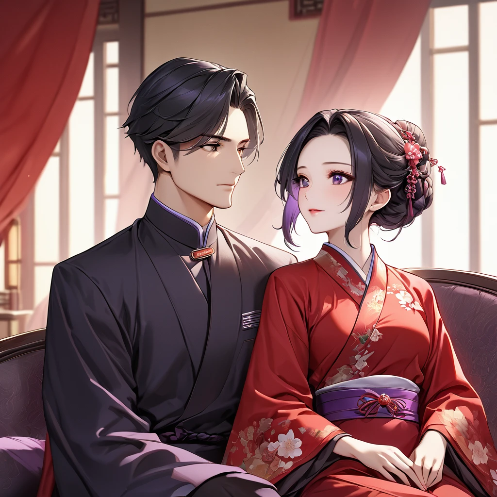 A middle-aged woman with long black hair in a wedding dress and a middle-aged man with short black hair with scumbag in a suit,In the villa,sitting in the couch,ssmile,looking at viewert,Ultra-detailed CG,Anime handsome man,Anime portrait of a handsome man,Handsome anime pose,inspirado em Okumura Masanobu,exquisite facial features,Clear facial expressions,Detailed digital anime art,Digital anime art,High quality anime art style