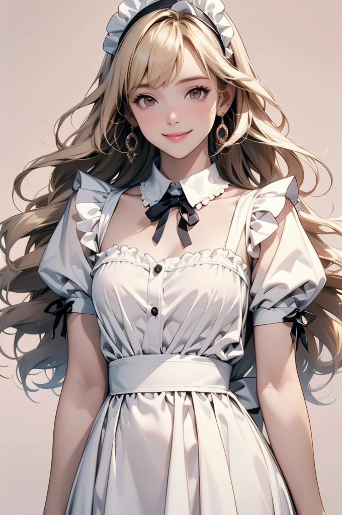 high resolution,smile,happy,light smile,woman,woman1人,adult,Clear,cute, blunt bangs,Blonde Hair,BREAK, Brown eyes,BREAK,wavy hair,long hair,BREAK, ((looking at viewer)), Maid clothes,Frill headband,BREAK,Facing forward,BREAK,Pink background,