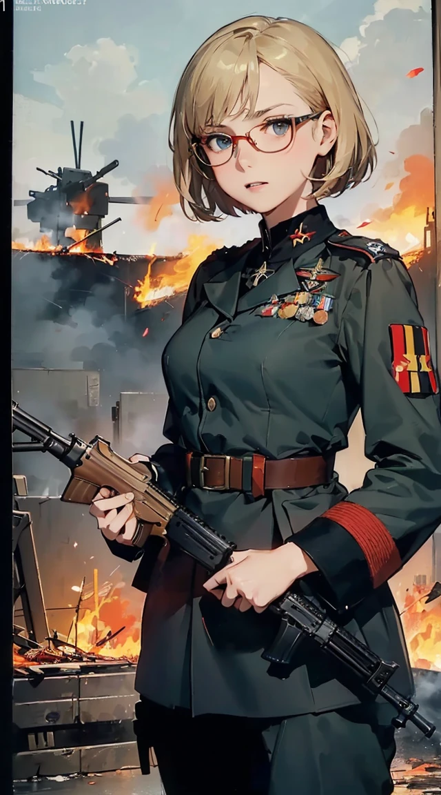 (Female soldier with well-trained body)、(((Fire machine guns to destroy enemy robots:1.4)))、1 Female 1 Robot、(Black combat uniform)、(platinum-blonde-hair:1.2)、shout out、Have multiple weapons、Running through the rubble、((超A high resolution))、Detail Write、​masterpiece、top-quality、extremely details CG、8K picture quality、Cinematographic lighting、lensflare、(Night combat)、((From the inside of the building to the outside))、Hyper-detailing、Android wreckage、((cowboy  shot:1.4))、Detailed firearm depiction、Firearms with perfect detail、Perfect barrel、High-speed driving、(dynamic ungle:1.4)、Scattered empty cartridge cases、 uzaki, outdoors, dynamic pose, naked overalls bare shoulders bigass bighip、FUCK　FUCKOFF　sexlyroupa modesta, remote shooting, detailed beautiful delicate face, Detailed beautiful delicate eyes, perfect facial proportions, High definition skin, thin skin, best four inch aspect ratio. With a thumb, a masterpiece, highy detailed, Realistic, (German World War II general uniform reference : 1.8), the highest facial resolution, , modestly dressed woman, fully dressed, ( mic, blackquality hair, black bangs straight, super thin braids, bangs straight, Red glasses, dark green eye, science fiction, Fighter aircraft, standing On the landing of a Fighter aircraft, the agency, a deeply intelligent personality, A calm expression, a respectful face, a war, a Fighter aircraft (((Woman firing an automatic rifle:1.5、excluding sight,A detailed depiction of an automatic rifle:1.7))),Synchronize your gaze and body direction、(((perfect anatomy:1.4,realistic:1.4,RAW Photography:1.4,masterpiece、highest quality、Ultra - High resolution、High resolution、Highly detailed CG、8K))),cowboy shot,1 female,solo、18 year old beauty,Japanese,((beautiful detailed face and eyes:1.3,big gorgeous eyes:1.3,gray eyes)),black hair,short bob hair,blunt bangs,Serious expression,(medium breasts,slender body,small head:1.3,skinny),(gleaming skin:1.4,oily skin,shiny skin),