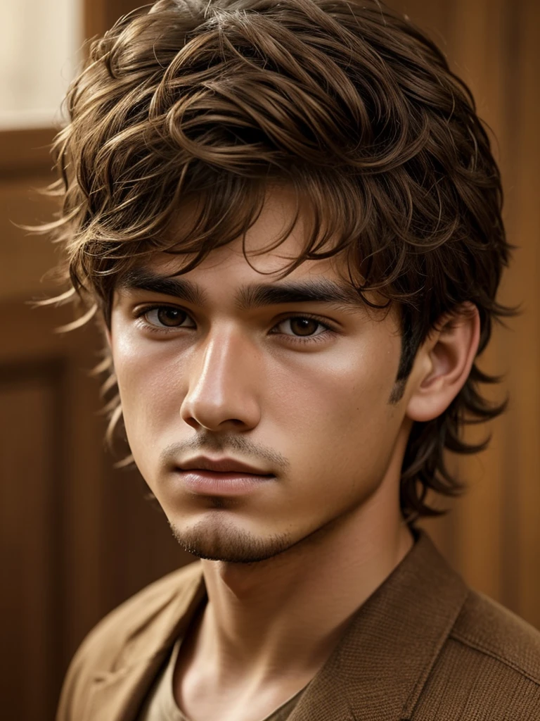 realistic young boy, moreno, with brown and disheveled hair, eyes the color of honey, straight and wide nose, defined lips, without facial veil