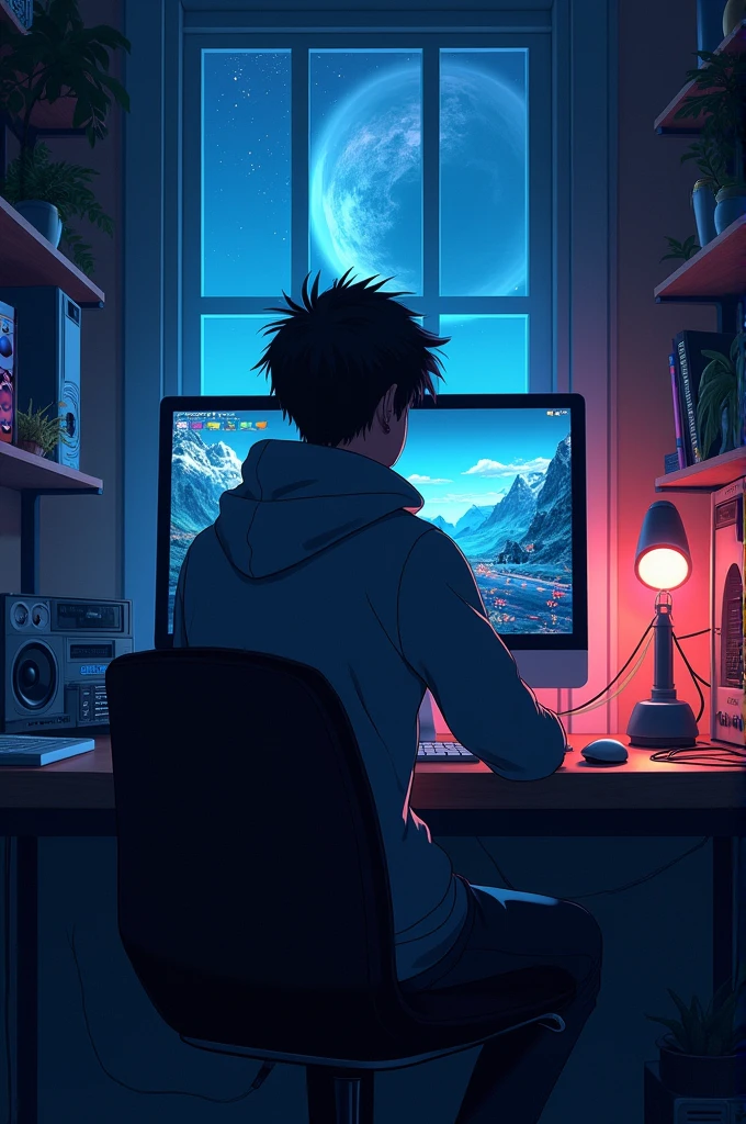 Back view of cool young man listening to music on computer in room full of gadgets, Pol Makoto Shinkai e Ghibli Studio, Dramatic lighting, God's Perspective with sound waves, Great quality, Dark Skin, Cone Fade、Space landscape with earth on top、creative、neon、Near future