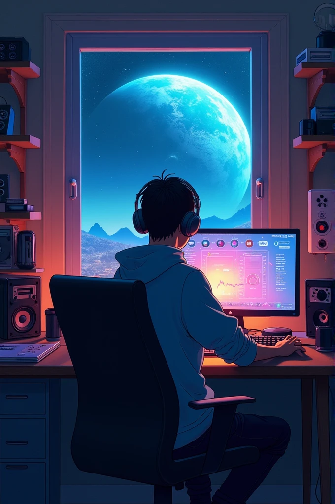 Back view of cool young man listening to music on computer in room full of gadgets, Pol Makoto Shinkai e Ghibli Studio, Dramatic lighting, God&#39;s Perspective with sound waves, Great quality, Dark Skin, Cone Fade、Space landscape with earth on top、creative、neon、Near future