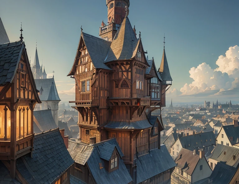 european medieval robust and complicated communal wooden house with a turret, low fantasy, crowded architecture, fiixed detailes, fixed windows, fixed roofs, fixed architecture, wooden architecture, wooden tower, medieval fantasy, in the city full of jettying houses, warm
