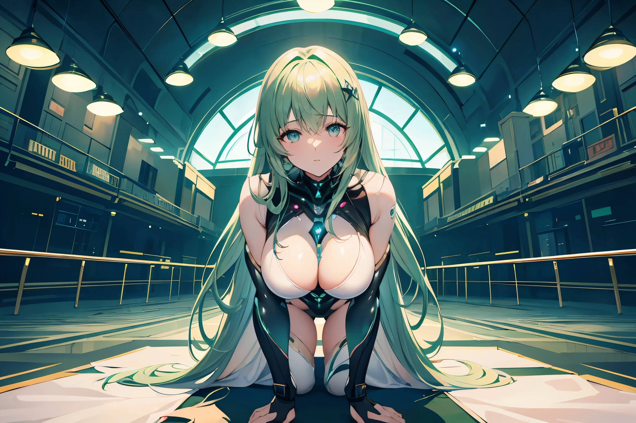 green hair, swept bangs, straight hair, floating hair, goggles on head, Conceptual art, cinematic lighting, sparkle, viewfinder, cowboy shot, Sony FE GM, UHD, anatomically correct, masterpiece, accurate, textured skin, high quality, highres, best quality, high details, super detail, award winning, 8k, Pink bodysuits, futuristic spies, undercover investigations, Laboratory, Get on all fours, hide, A scene from a science fiction anime, science fiction,