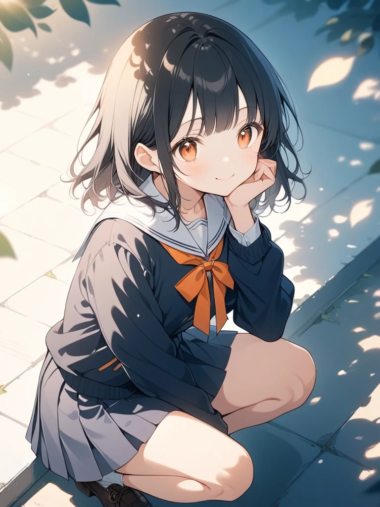 Anime Style, Super precise illustration, Very detailed, beautiful, 8k,1 cute girl,(cute:1.3),Black Hair,short straight bangs, smile,Orange eyes, stylish, Trendy clothes,(Spotted sunlight:1.2),Blurred,(Written boundary depth:1.1),Tilt your head,mini skirt,｛school uniform｝,(whole body:1.3),Squat
