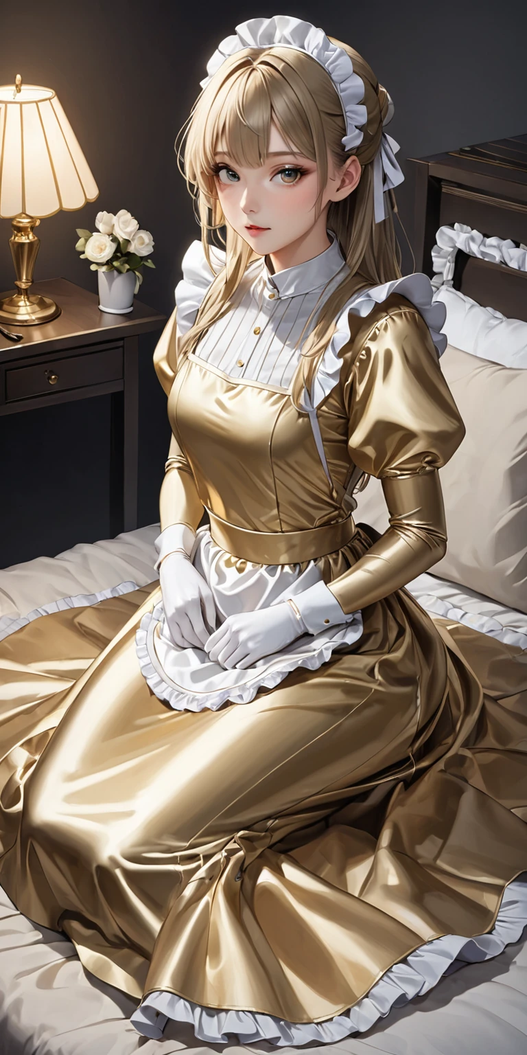 Portraiture、(masterpiece,Highest quality,Ultra-high resolution),Japanese women, (((Very beautiful 25 year old girl)))、(She is wearing a shiny pale gold satin long sleeve maid outfit..)、The dress has a simple design without any patterns...、(A long skirt with ruffles made of pale gold satin.)、Pale gold satin gloves、((Pale gold satin bodysuit))、Sitting on a bed in a dark room