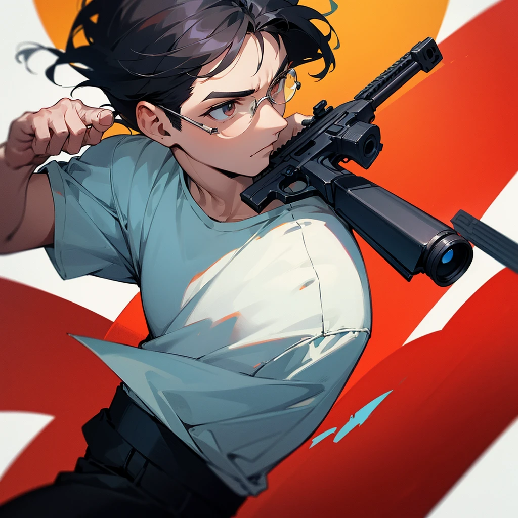Yusuf Dikec, profile pic, gun Olympic, menacing, solo, no gear, gun, eye glass, white tshirt, side view, gun pointing in target, 