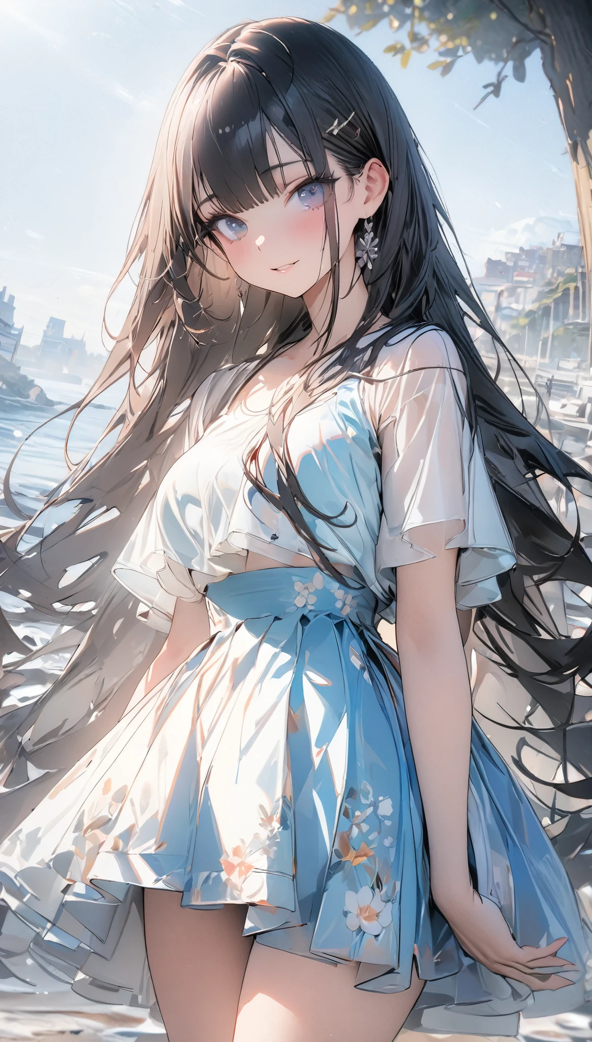 ((best quality, 8k, masterpiece: 1.3)), 1 Girl, Slim beauty: 1.3, (Long hair: 1.2), Floral Skirt, Long legs: 1.1, Super delicate face, Beautiful eyes, Double eyelids, outdoor