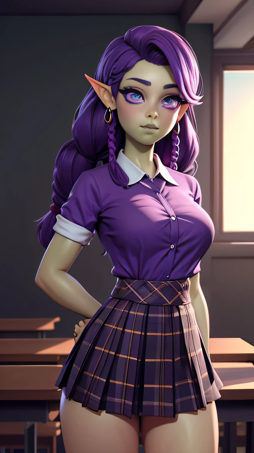 photo of beautiful Orc, RAW, beautiful woman, (portrait), (detailed Kawaii face, purple eyes:1.2), (detailed green skin, glossy green lips, clear green skin), (Long dark purple braided hair), (perfect proportioned body, Strong, muscular, narrow waist, narrow hips, skinny, large breasts), (she wears a ultra short skirt, shirt, plaid skirt, white fitted shirt, plaid, short sleeves, school uniform, jewelry, pleated skirt), (detailed high school background, Japanese school), (realistic photo, best quality, detailed), (8k wallpaper), (cinematic lighting, beautiful light, (day:1.3)) (sharp focus, intricate)