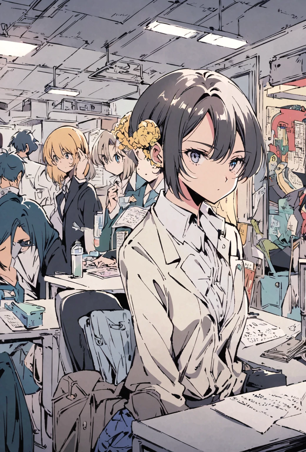 Desk work in the office, Tokyo Anime Scene, modern anime style, by Oze Kanaoka, very modern anime style, Digital anime illustration, Beautiful and detailed anime art, style of red line anime movie, Written by Nobuzada Yanagawa, Anime-style illustrations, Detailed digital anime art, Anime style”, Today&#39;s featured anime is still