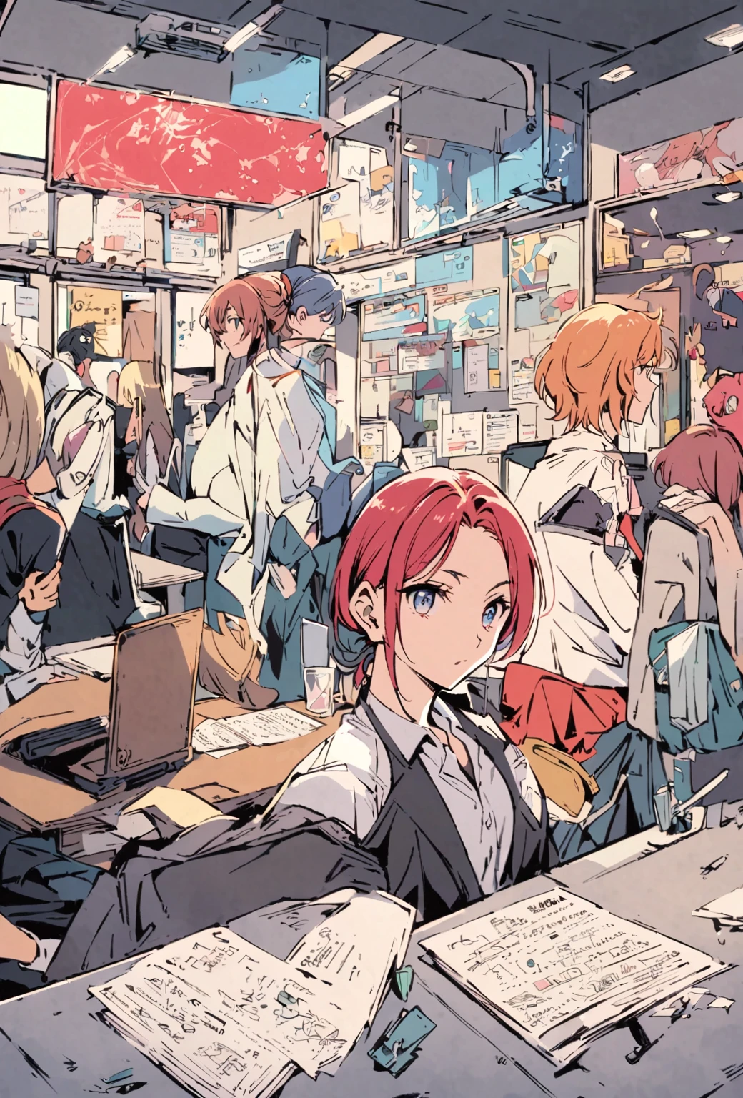 Desk work in the office, Tokyo Anime Scene, modern anime style, by Oze Kanaoka, very modern anime style, Digital anime illustration, Beautiful and detailed anime art, style of red line anime movie, Written by Nobuzada Yanagawa, Anime-style illustrations, Detailed digital anime art, Anime style”, Today's featured anime is still