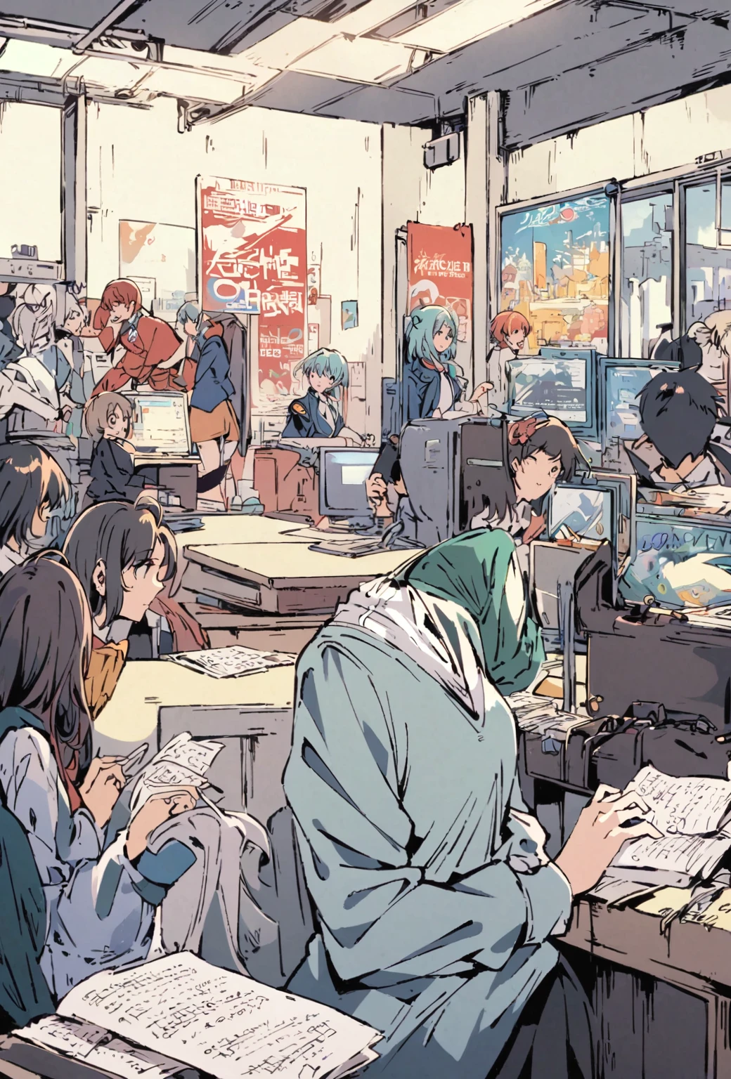 Desk work in the office, Tokyo Anime Scene, modern anime style, by Oze Kanaoka, very modern anime style, Digital anime illustration, Beautiful and detailed anime art, style of red line anime movie, Written by Nobuzada Yanagawa, Anime-style illustrations, Detailed digital anime art, Anime style”, Today's featured anime is still