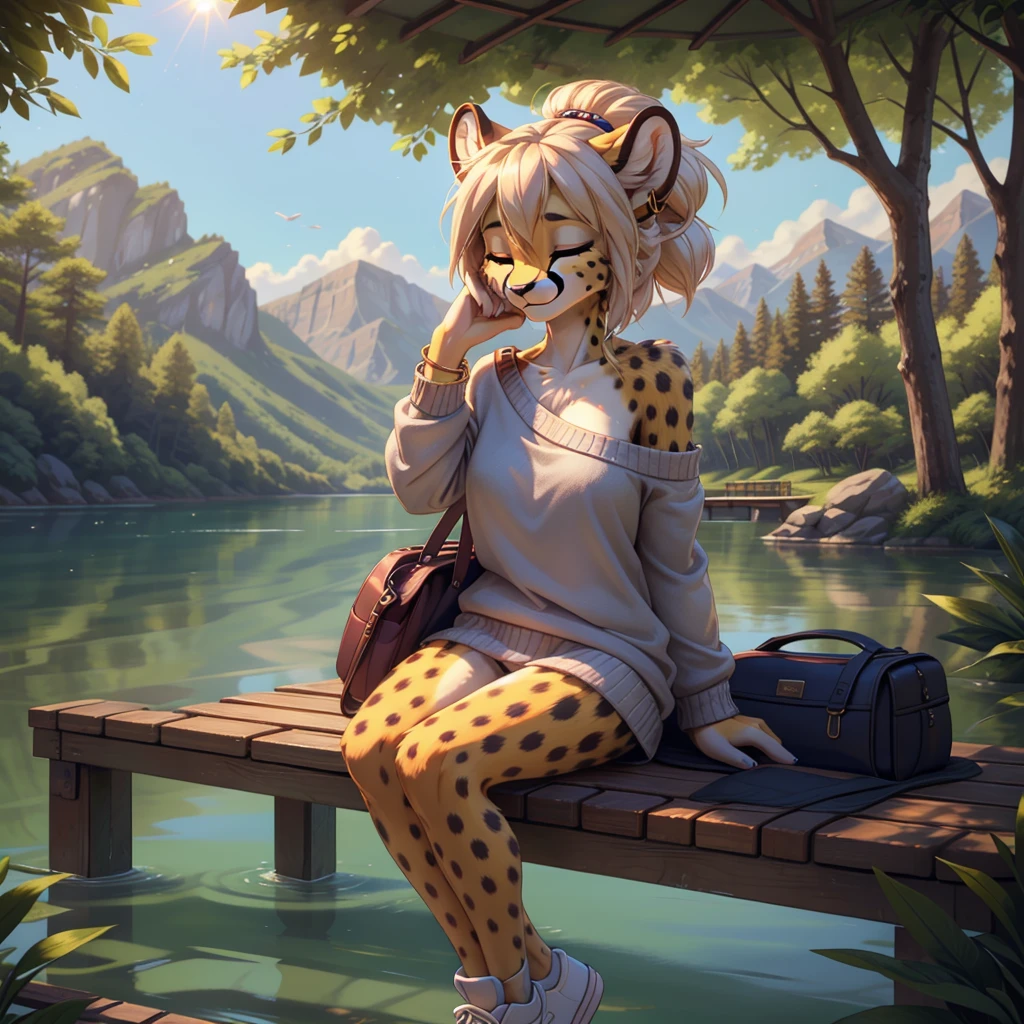 **Prompt:** A beautiful, (masterpiece), high quality, perfect lighting, highly detailed CG Unity 8k wallpaper, high resolution, perfect lighting, youthful, adolescent, tall, slim, skinny, frail slender figure, slim legs, distinctly feminine figure, narrow hips, long legs, huge breasts, close-up shot of a unique female cheetah character. She has sleek, golden-yellow fur with distinctive black spots scattered across her body, adding to her natural elegance. Her hair is styled in a loose, messy bun, with a few strands escaping to frame her face. Her eyes are a striking blue, filled with a playful spark.

She is dressed in casual, loose clothing: an oversized, off-the-shoulder sweater in a soft, heather grey fabric, paired with comfortable, loose-fitting joggers in a matching color. She wears simple, white sneakers and a few casual accessories, including a woven bracelet and a pair of small, stud earrings. She has a messenger bag slung across her body, its strap decorated with various pins and patches.

The character is posed in a candid, relaxed moment, sitting on the edge of a wooden pier with her legs dangling over the water. She is leaning back on her hands, her face tilted up to enjoy the warmth of the sun, eyes closed in contentment. The background is a softly blurred lakeside scene with calm water and distant trees, enhancing the serene and laid-back atmosphere. The lighting highlights the texture of her fur and the softness of her clothing, creating an inviting and tranquil scene that captures a peaceful, everyday moment.