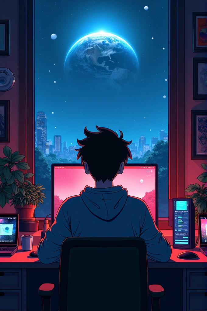 Back view of cool young man listening to music on computer and programming in room full of gadgets, Pol Makoto Shinkai e Ghibli Studio, Dramatic lighting, God&#39;s Perspective, Great quality, Dark Skin, Cone Fade、Space landscape with earth on top、creative、neon、Near future